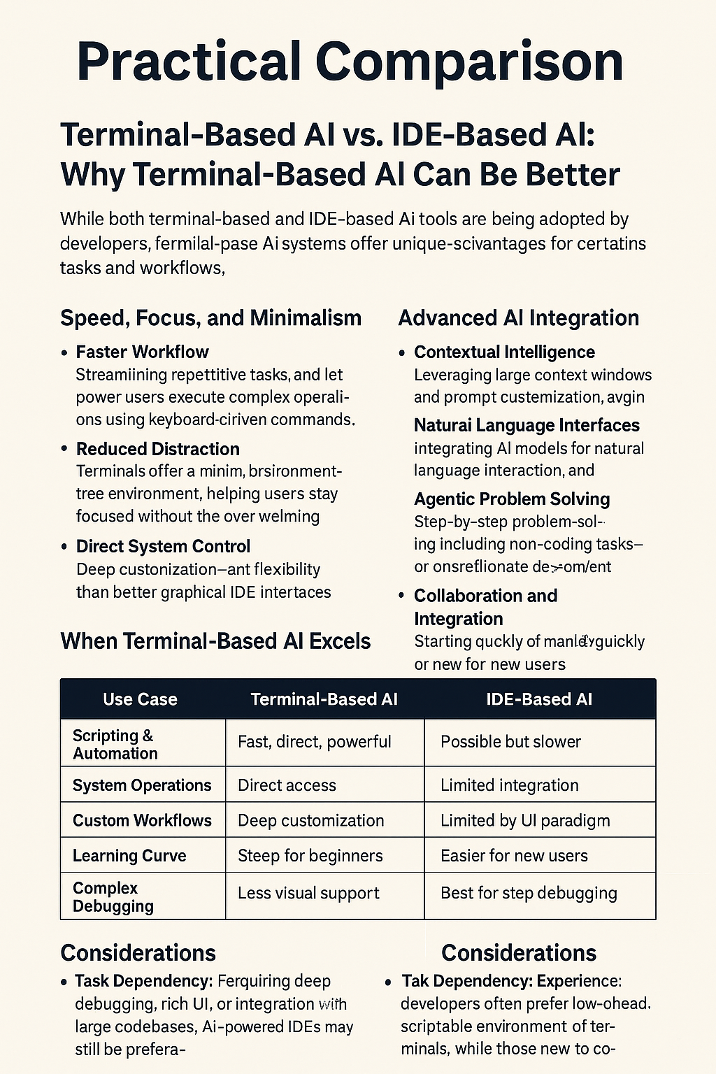 Infographic comparing terminal-based AI and IDE-based AI features, showing the evolution of development tools